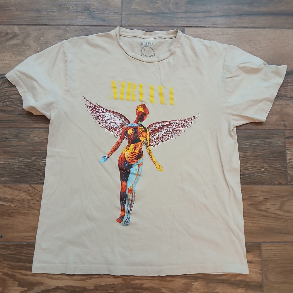 Nirvana In Utero Shirt Mens Large Tan Angel Graphic Rock Band Tee Short Sleeve